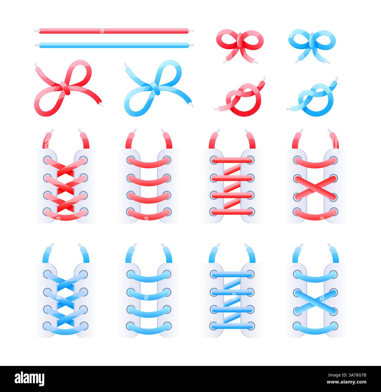 Différentes options pour nouer des lacets, un ensemble de nœuds en rouge et bleu sur un fond blanc Illustration de Vecteur