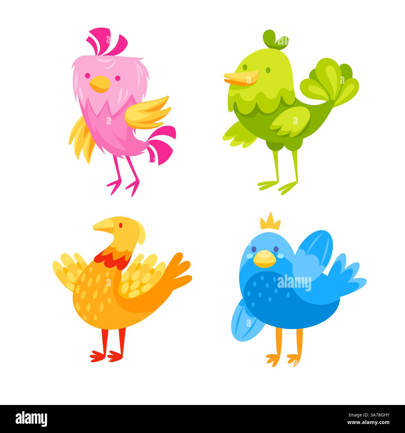 Quatre oiseaux colorés debout sur de fines pattes avec des ailes étendues et souriant joyeusement Illustration de Vecteur