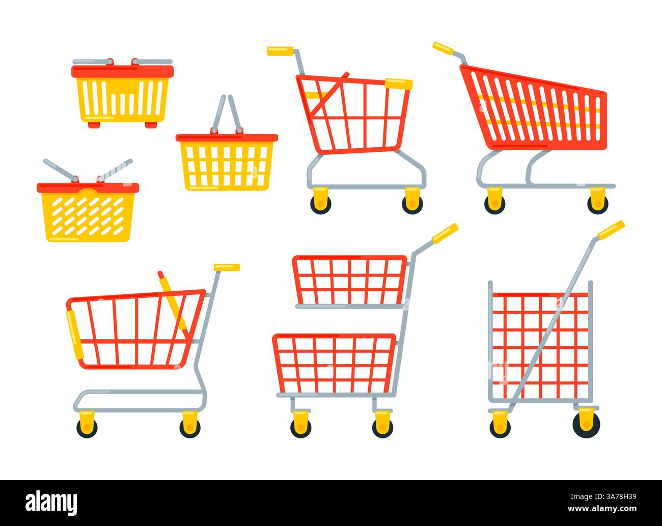 Ensemble de chariots et paniers vides de supermarché pour transporter des produits d'épicerie tout en faisant des courses isolé sur fond blanc Illustration de Vecteur