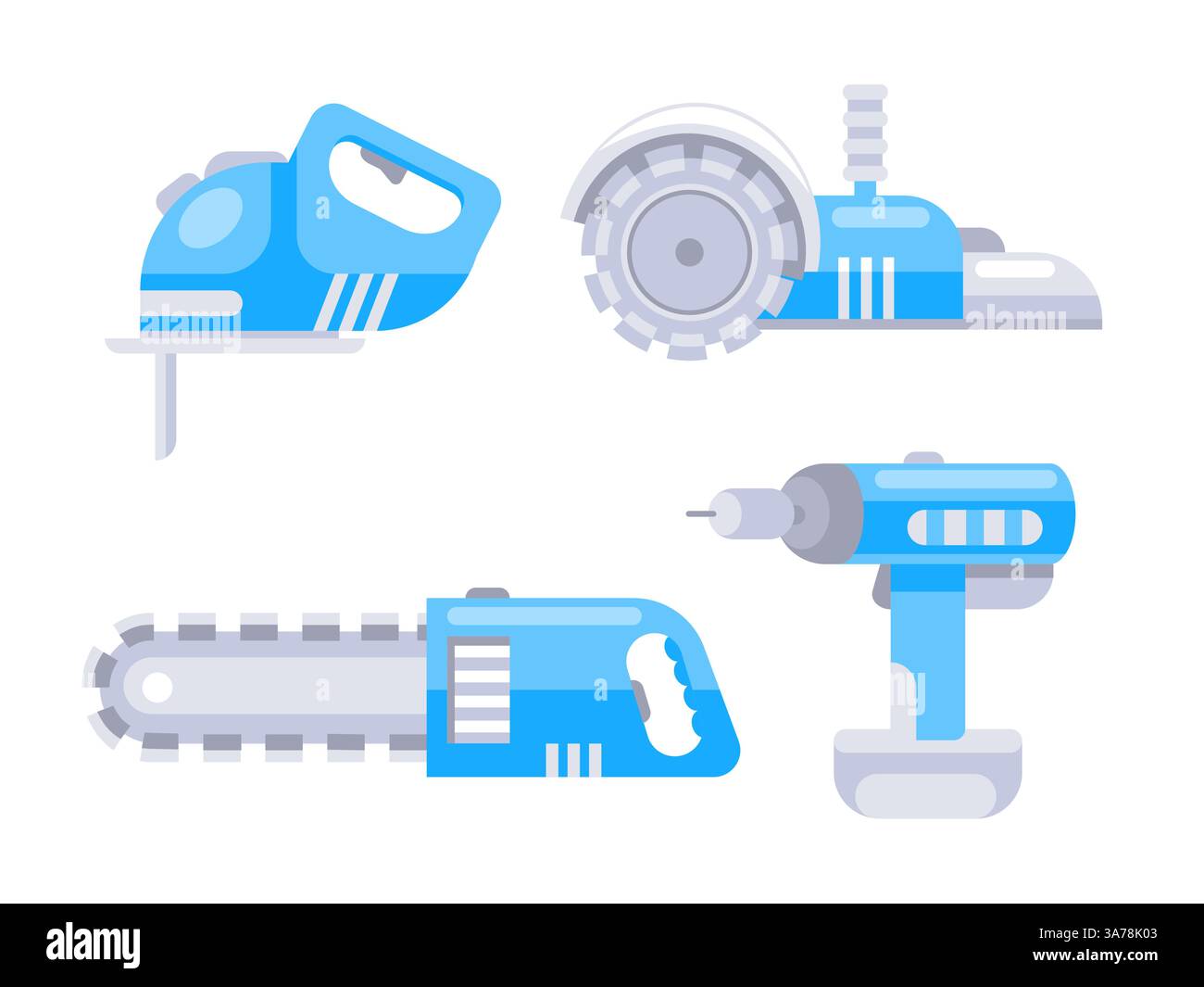 Ensemble d'outils électriques bleus pour les travaux de construction et de réparation comprenant une tronçonneuse, une scie circulaire, une scie sauteuse et une perceuse. Illustration de Vecteur