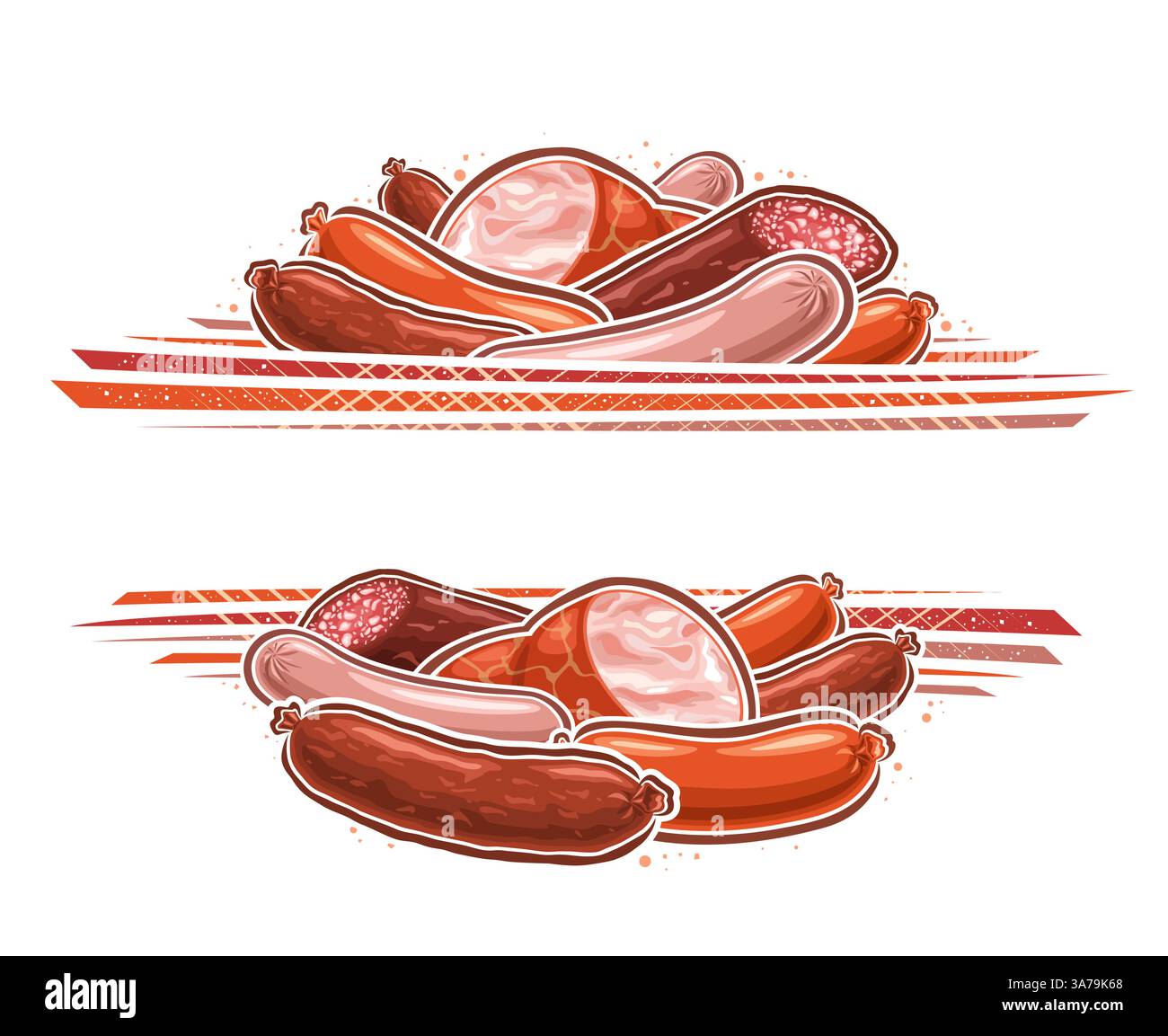 Bordure de saucisse vectorielle avec espace de copie pour le texte de l'annonce, cadre avec composition de saucisse de viande de variété avec copyspace vide, mise en page avec groupe de desi de dessin animé Illustration de Vecteur