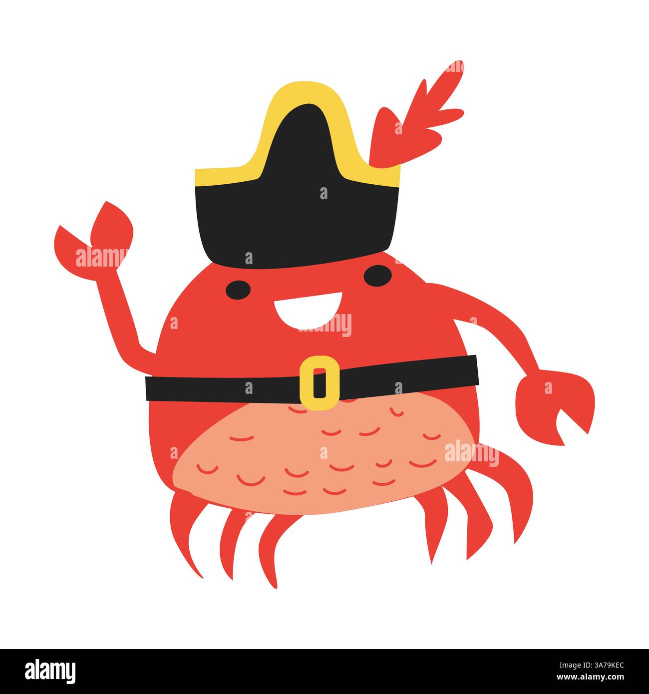 Crabe pirate de dessin animé joyeux avec chapeau et ceinture ondulant. Illustration de Vecteur