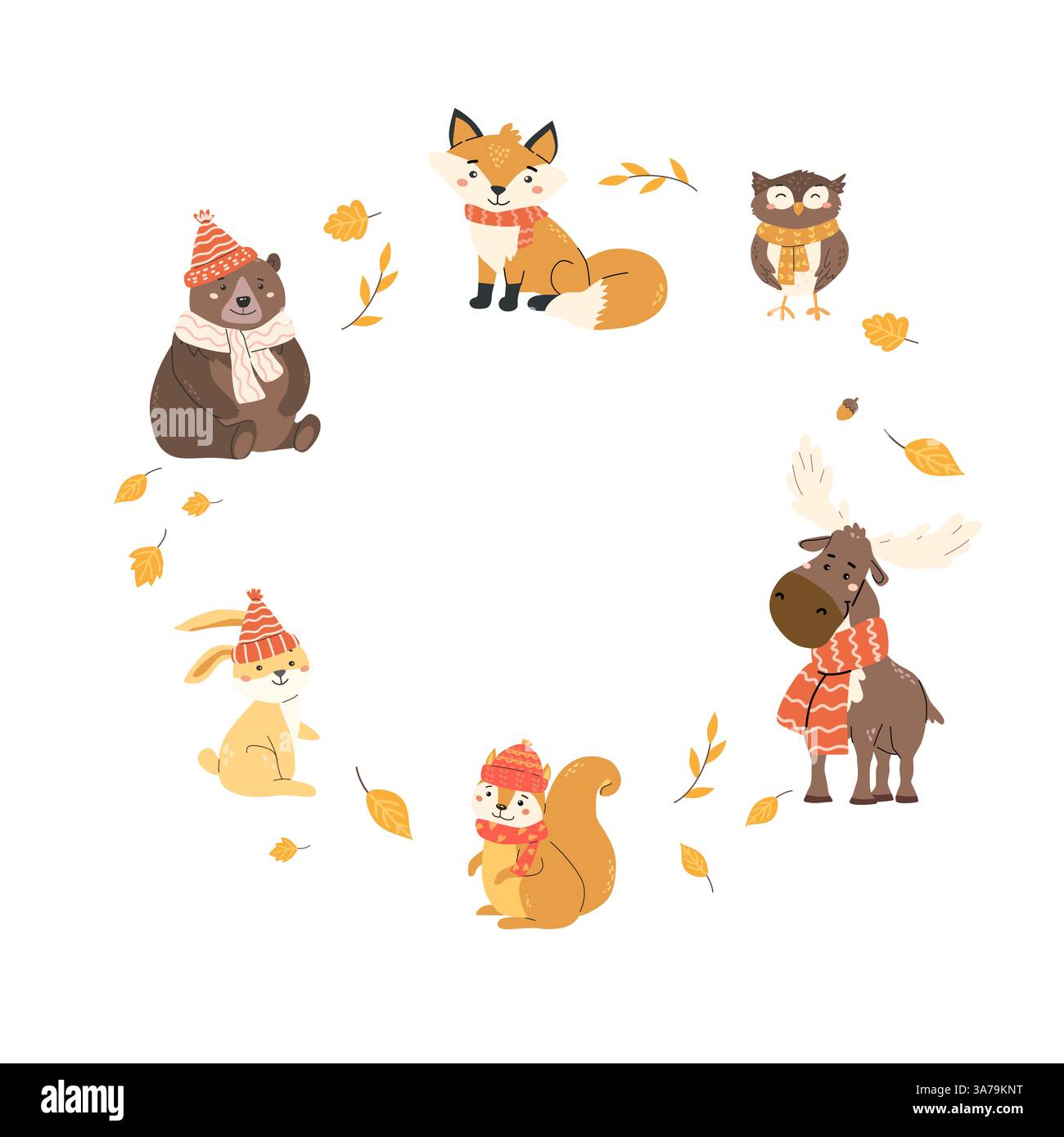 Animaux adorables de la forêt en tenue d'automne entourés de feuilles tombantes pour la conception saisonnière des cartes de voeux. Illustration de Vecteur