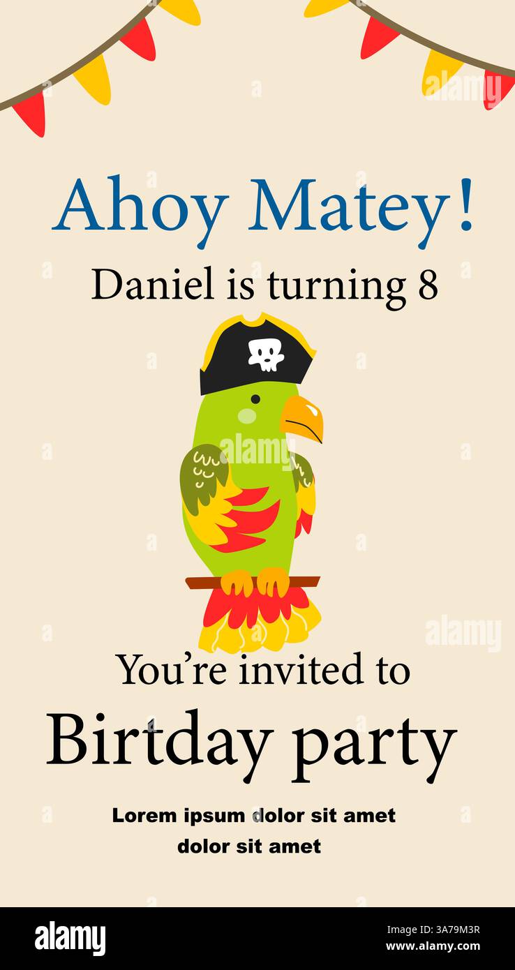 Invitation d'anniversaire sur le thème des pirates avec perroquet coloré et bannière festive. Illustration de Vecteur Invitation d'anniversaire sur le thème des pirates avec perroquet coloré et bannière festive. Illustration de Vecteur