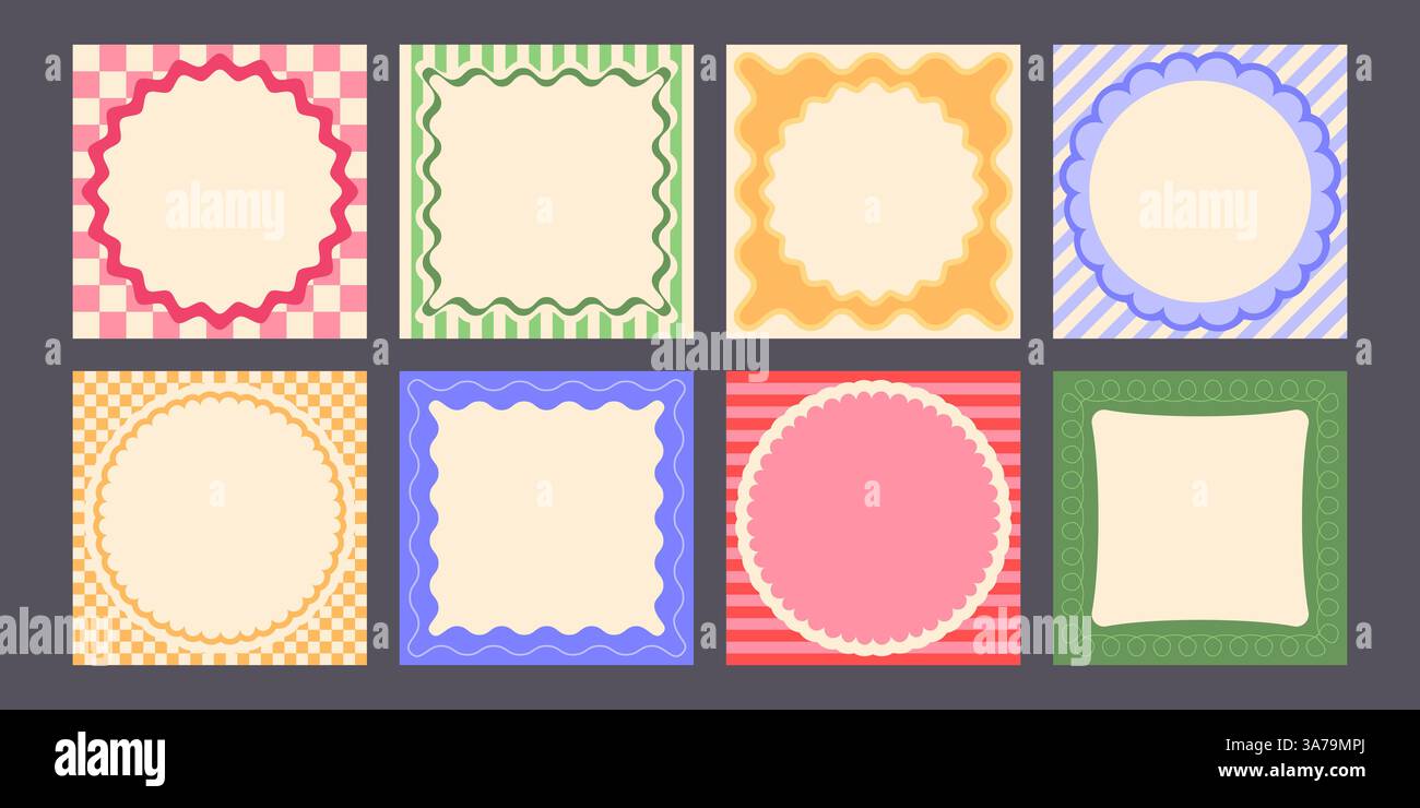 Ensemble de cadres de bordure à motif groovy - bordure ondulée, à carreaux, collection de cadres carrés décoratifs rayés. Étiquettes vides de style rétro funky, étiquettes, décors pour logo, carte de voeux ou conception de bannière. Illustration de Vecteur