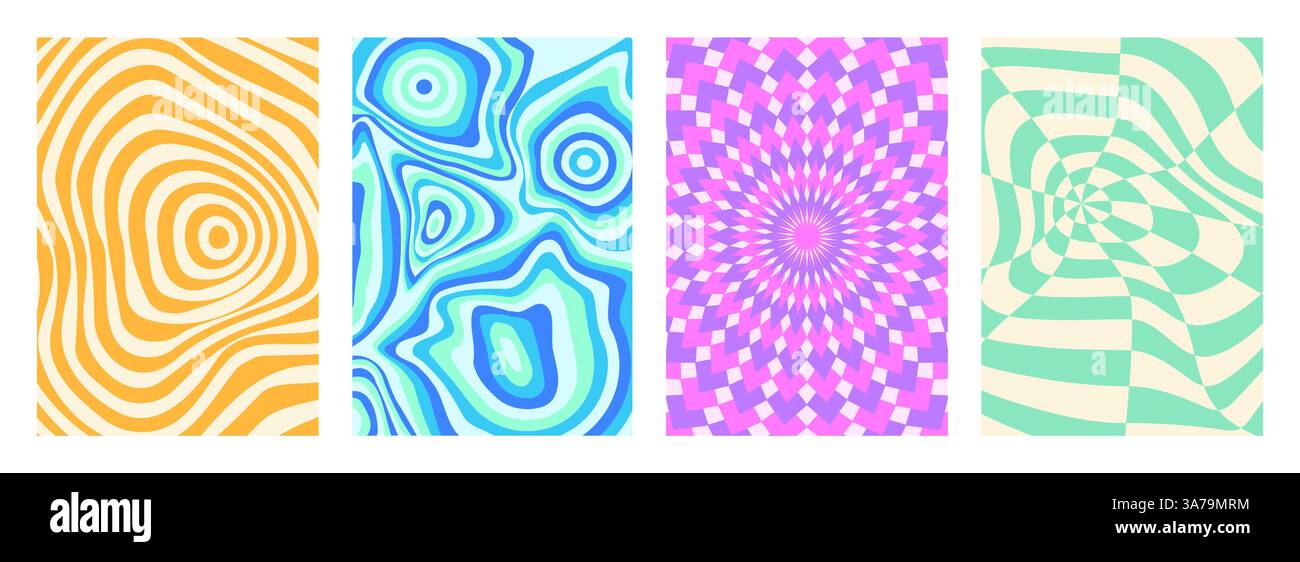 Illusions optiques psychédéliques motifs ondulés - lignes courbes concentriques, formes géométriques dans des couleurs vives. Arrière-plans rayés rétro groovy abstraits, imprimés hypnotiques tendance des années 60 pour affiche, design de tissu. Illustration de Vecteur