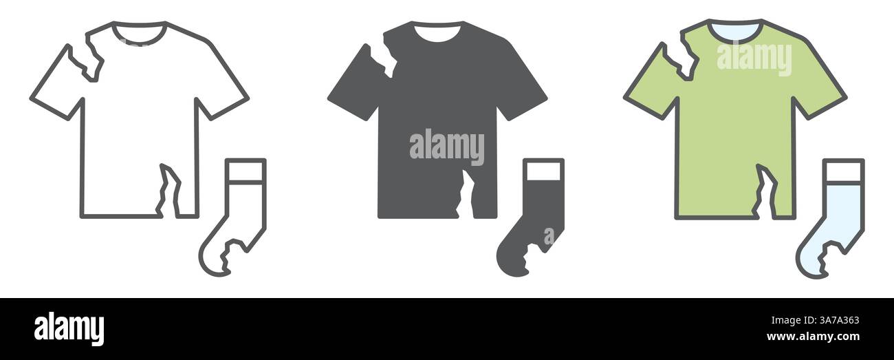 Collection d'icônes de déchets textiles, recyclage et t-shirt déchiré, jeu d'icônes vectorielles de chaussette déchiré, graphiques vectoriels, signe de contour de trait modifiable, eps 10 Illustration de Vecteur