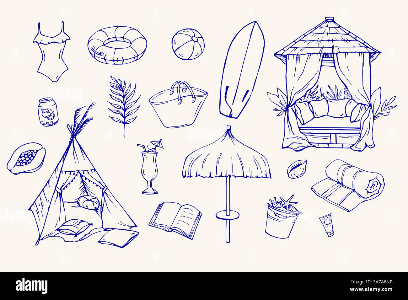 Ensemble de doodles de vacances à la plage bleu Illustration de Vecteur