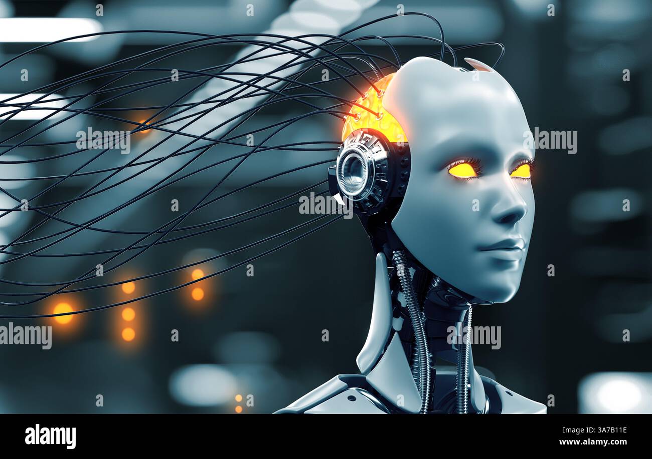 Télécharger des informations dans le cerveau d'un robot féminin avec intelligence artificielle. Illustration 3D. Banque D'Images