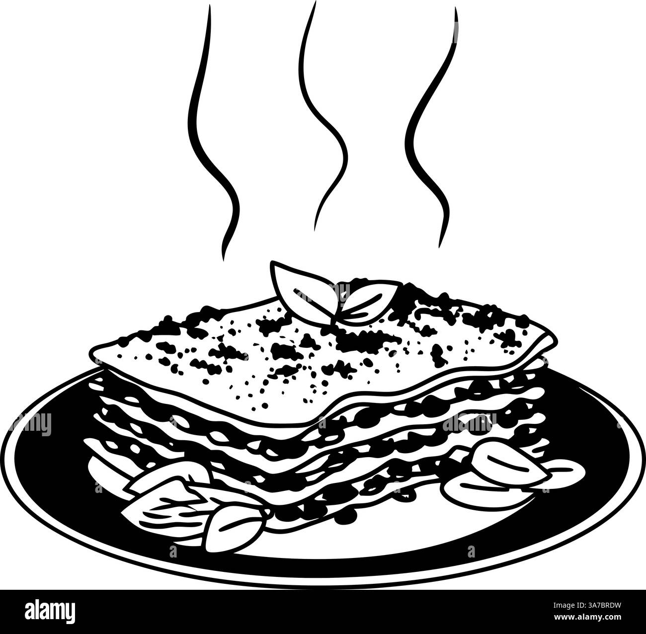 Lasagne italienne classique avec fromage, basilic et vapeur sur une assiette. Illustration de Vecteur