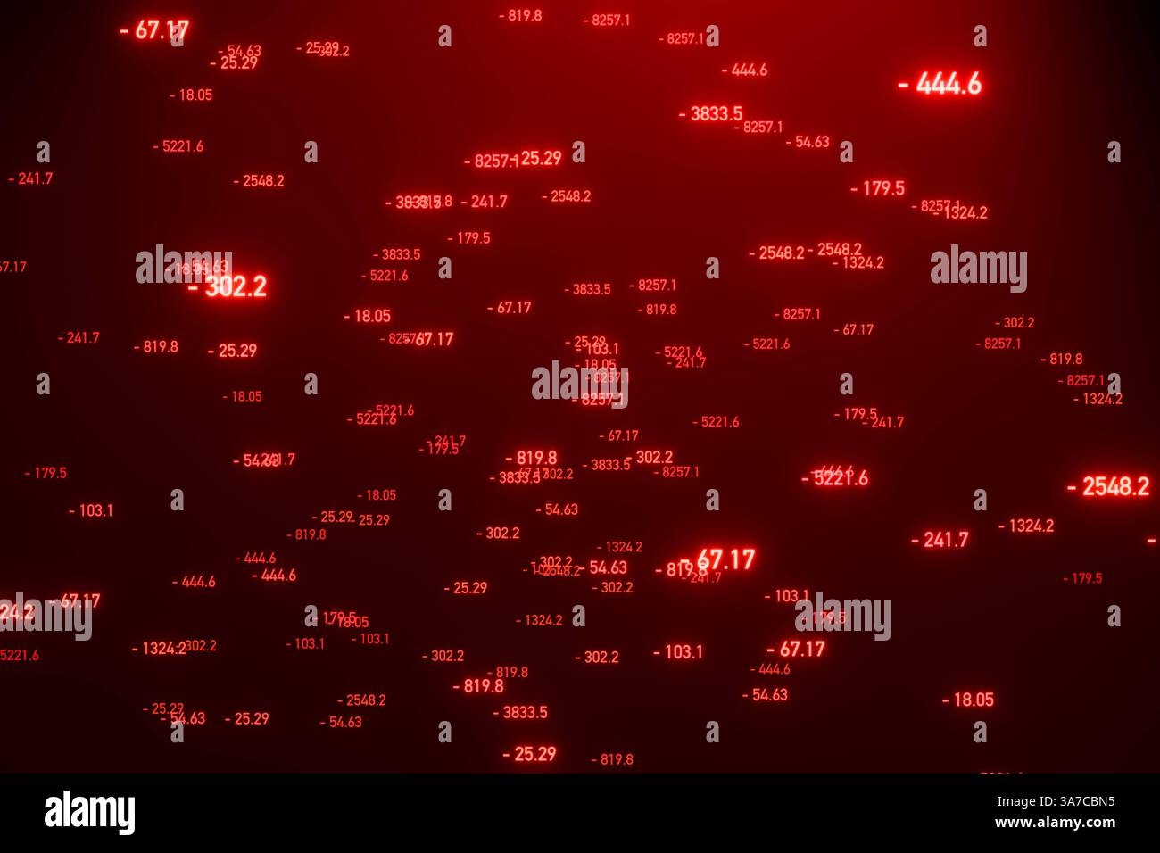 Écran rouge avec nombres flottants aléatoires négatifs. Écran rouge avec nombres flottants aléatoires négatifs. Signe moins, perte, affaires et finances, figures illuminées, données abstraites, futuriste, sciences, big data. img_numbers022s02_numbers_red Banque D'Images
