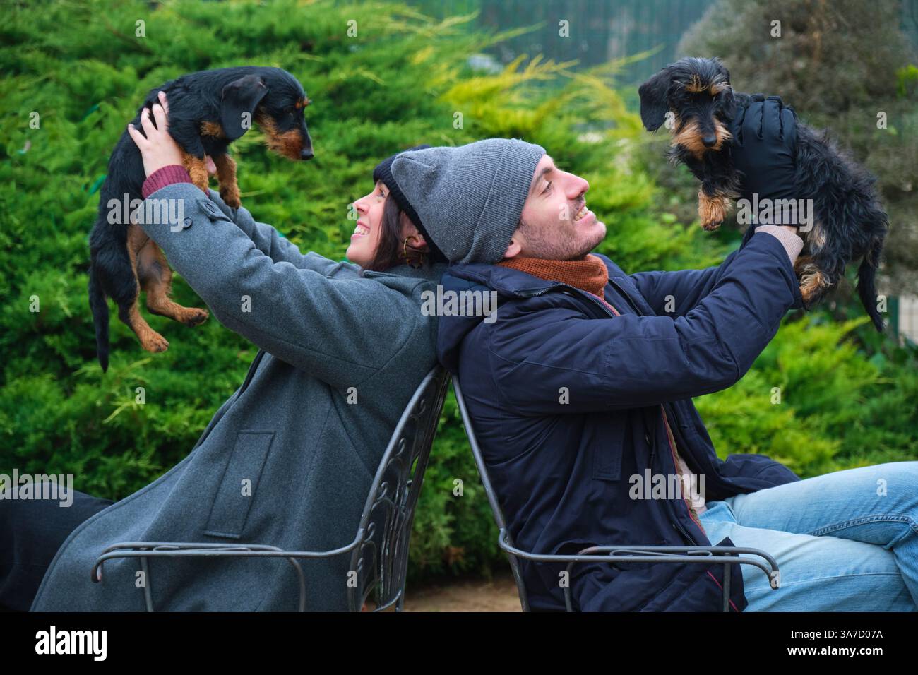 Heureux couple soulève leurs chiens teckel tout en s'asseyant dos à dos sur des chaises dans un jardin Banque D'Images
