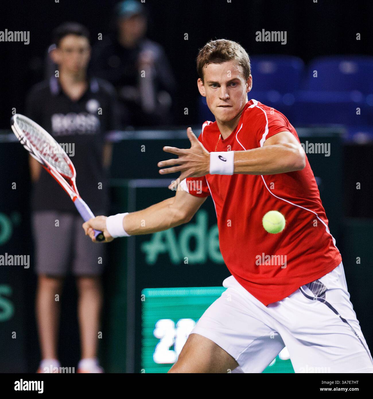 05 avr. 2013 - Vancouver, Colombie-Britannique, Canada - VASEK POSPISIL (CAN) à la Coupe Davis 2013 quarts de finale à Vancouver sur le 1er single Rubber. (Crédit image : © Andrew Chin/ZUMAPRESS.com) Banque D'Images
