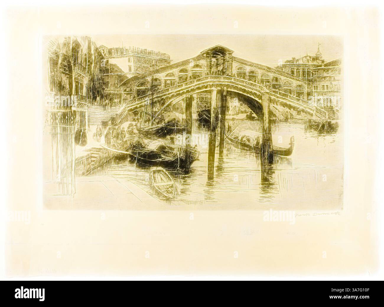Une scène sereine avec un pont historique voûtant sur un canal tranquille, flanqué de bâtiments pittoresques. Les gondoles sont amarrées le long du bord de l'eau, ajoutant une touche de charme au paysage pittoresque. L'atmosphère évoque un sentiment de nostalgie paisible., Art classique avec une touche moderne réinventé par Artotop, le Rialto, Venise, 1883, Frank Duveneck, américain, 1848-1919, États-Unis, gravure, avec point sec, sur papier tissé crème Banque D'Images