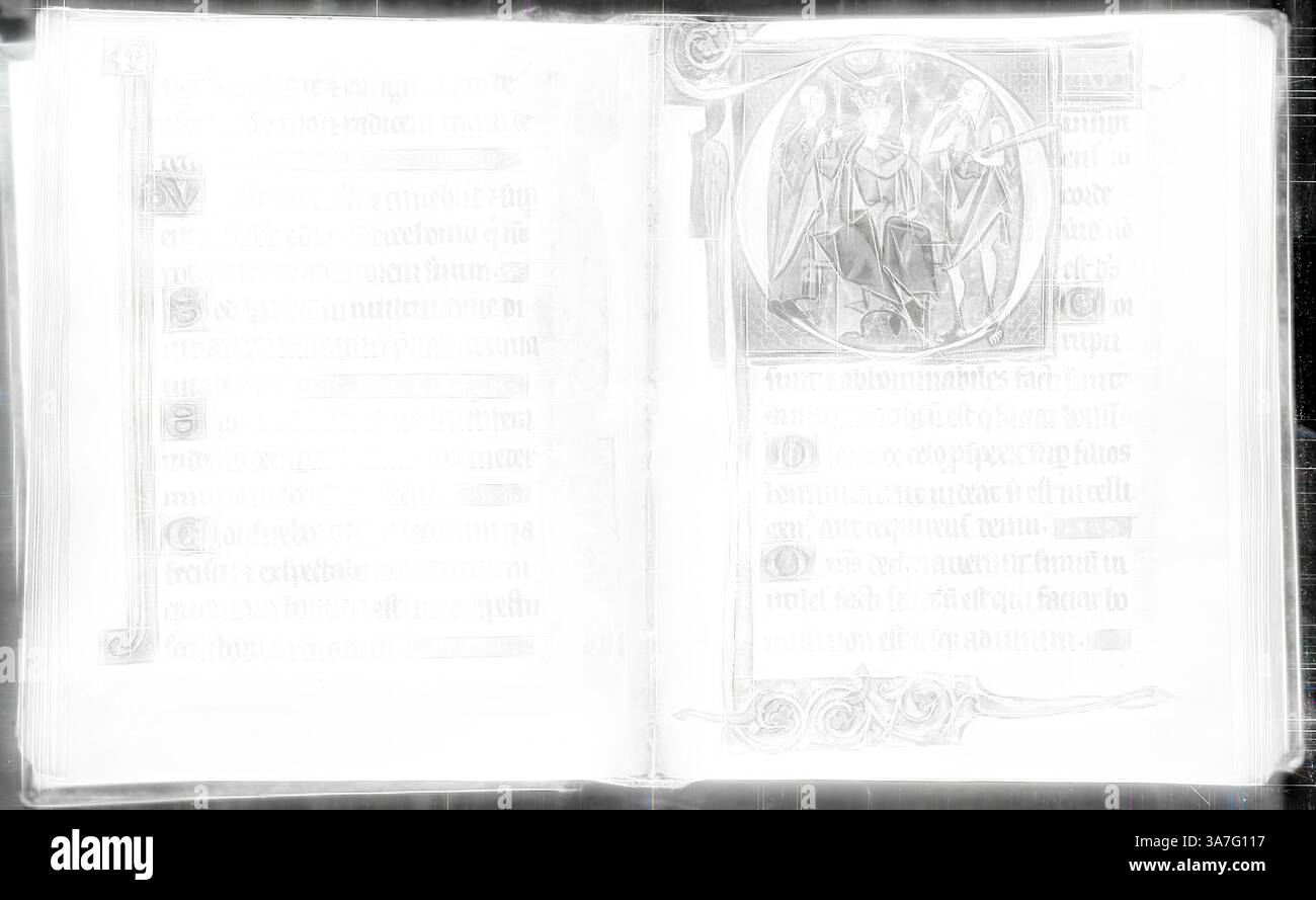 Un manuscrit ouvert présente des illustrations complexes et un texte orné, mettant en valeur l'art de l'écriture historique et de l'illumination. La page de gauche affiche un script élégant, tandis que la page de droite présente une illustration circulaire détaillée, représentant peut-être une figure ou une scène d'importance., Art classique avec une touche moderne réinventé par Artotop, Psautier, 1280/95 (reliure du 20ème siècle), belge (Gand ou Bruges), Belgique, manuscrit avec 214 folios, 17 miniatures, dix initiales historiées et deux miniatures pleine page, avec des bordures et des lettres initiales en tempéra et feuille d'or, pages Banque D'Images