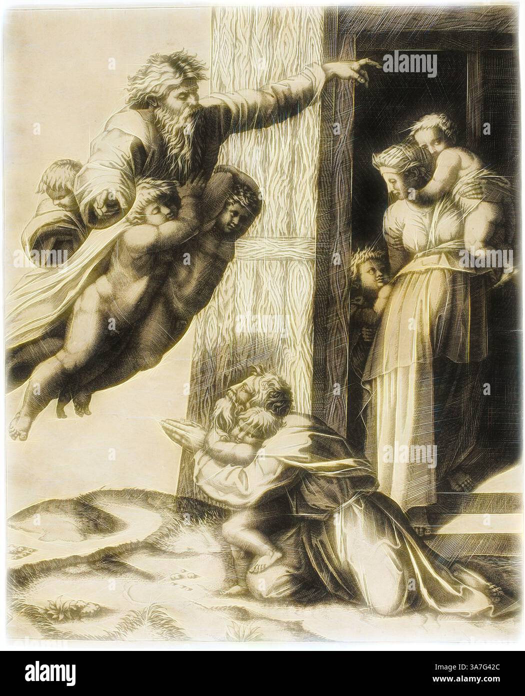 Une scène dramatique représente un groupe d'êtres éthérés, y compris des chérubins et des personnages ornés de vêtements fluides, interagissant à une porte. Une figure tend la main avec un geste d'invitation ou de révélation, tandis que d'autres observent avec des expressions de vénération ou d'admiration, créant un sentiment de présence divine et de signification spirituelle. L'arrière-plan fait allusion à un paysage serein, améliorant l'atmosphère globale de beauté mystique et éthérée., Art classique avec une touche moderne réinventé par Artotop, Dieu commandant Noé pour construire l'Arche, 1520, Marco Dente da Ravenna (italien, environ 1486-1527), d'après Raffa Banque D'Images