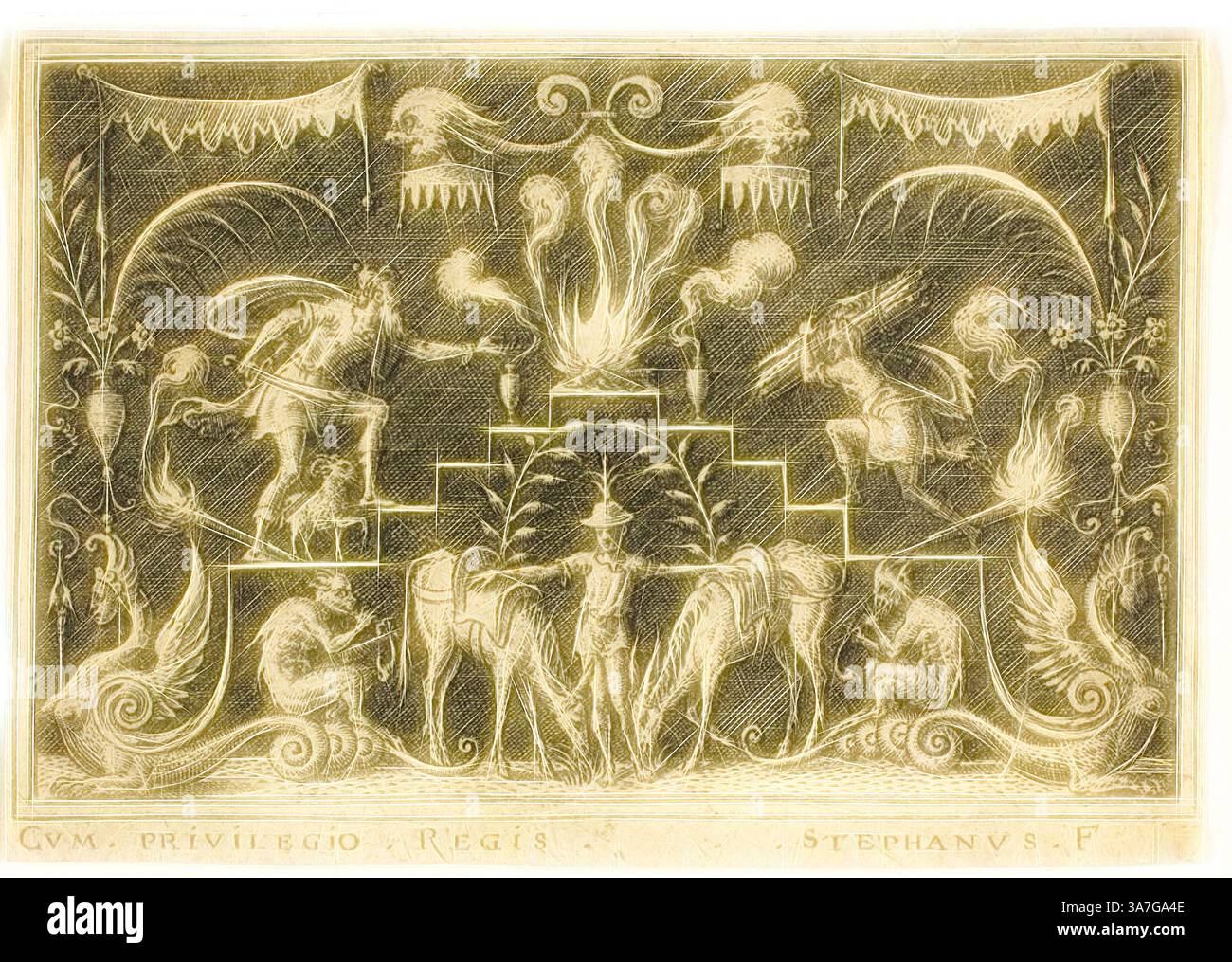 Une scène complexe mettant en vedette des figures classiques engagées dans diverses activités autour d'une flamme centrale. Autour de la composition se trouvent des motifs ornés, y compris des plantes et des créatures mythiques, créant une toile de fond luxuriante et détaillée qui souligne les éléments thématiques de l’art et de la grandeur., Art classique avec une touche moderne réinventée par Artotop, Abraham’s sacrifice, s.d., Etienne Delaune, français, c. 1519-1583, France, gravure sur papier posé en ivoire Banque D'Images