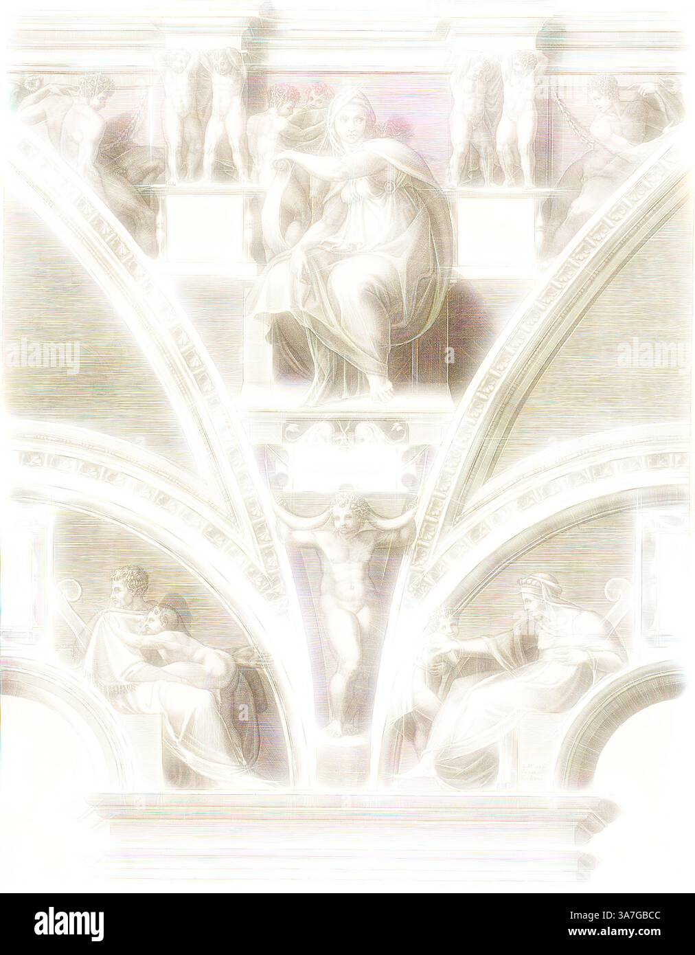 Un grand plafond architectural présente des fresques complexes, mettant en valeur des figures dans des poses dramatiques et des vêtements élaborés, entourés de détails ornés et de motifs classiques qui font allusion à des thèmes divins et à des histoires mythologiques., Art classique avec une touche moderne réinventé par Artotop, The Delphic Sibyl, début des années 1570, Giorgio Ghisi (italien, 1520-1582), après Michel-Ange (italien, 1475-1564), Italie, gravure en noir sur papier posé ivoire Banque D'Images