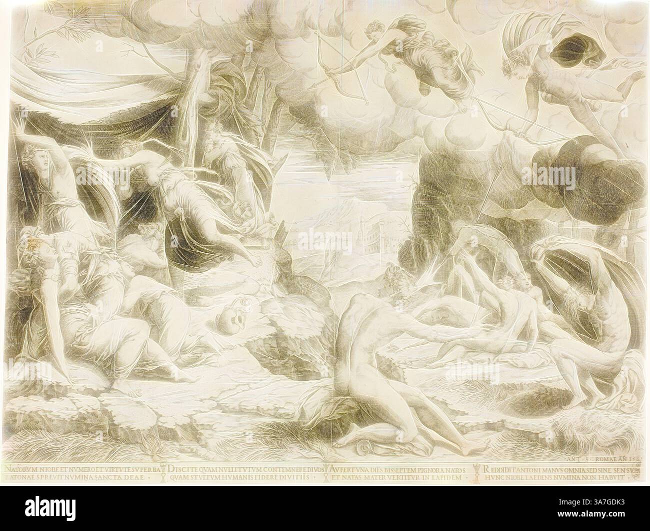 Une scène dramatique représente une lutte chaotique entre des figures mythologiques dans un paysage tumultueux. Les êtres éthérés s’entrecroisent avec les formes humaines, tandis que les nuages tourbillonnent au-dessus et les éléments de la nature s’affrontent en arrière-plan, véhiculant un sentiment de conflit épique et de transformation., Art classique avec une touche moderne réinventé par Artotop, la mort des enfants de Niobe, 1541, École de Marcantonio Raimondi, Italien, c. 1480-1534, Italie, gravure en noir sur papier Banque D'Images