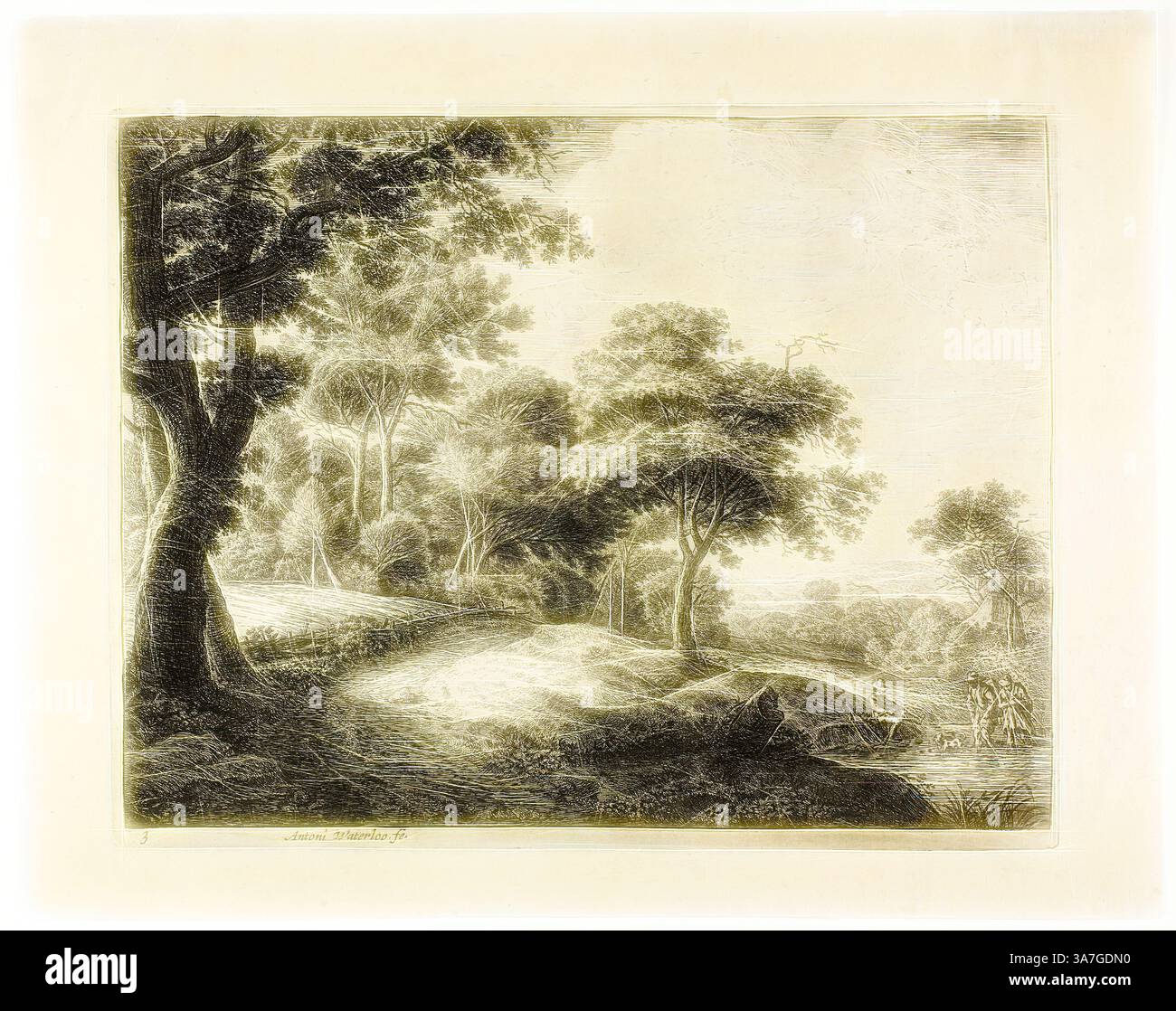 Un paysage serein avec des arbres luxuriants et des collines douces, avec un chemin sinueux menant à une rivière lointaine. La scène capture la tranquillité de la nature, invitant à la contemplation et à l'exploration., Art classique avec une touche moderne réinventé par Artotop, homme et femme traversant le ruisseau, s.d., Anthoni Waterlo, néerlandais, 1609-1690, Hollande, gravure sur papier Banque D'Images