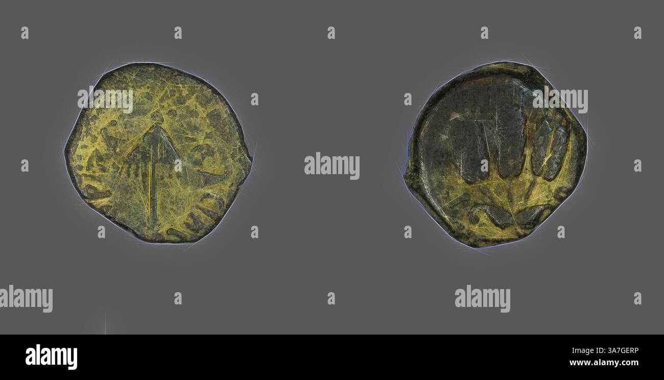 Une paire de pièces anciennes présentant des dessins complexes ; un côté représente une figure avec des bras tendus et des symboles, tandis que l'autre présente une main stylisée ou un emblème, les deux reflétant l'artisanat historique., Art classique avec une touche moderne réinventée par Artotop, pièce représentant un parapluie, AD 40/44, grec ou romain, Empire romain, Bronze, diam. 1,8 cm, 2,48 g Banque D'Images