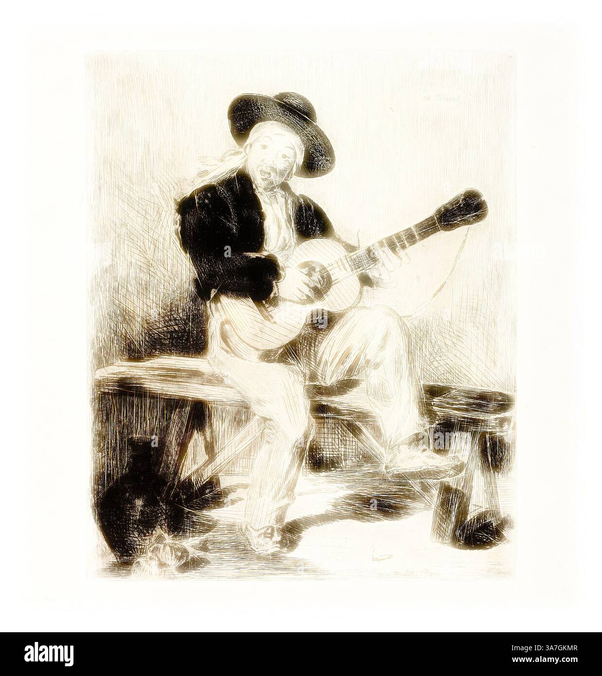 Un musicien vêtu d’une tenue traditionnelle joue de la guitare assis sur un banc, entouré d’objets simples, évoquant un sens de la culture intemporelle et de l’expression artistique., Art classique avec une touche moderne réinventé par Artotop, le chanteur espagnol, 1861-62, Édouard Manet (français, 1832-1883), imprimé par Auguste Delâtre (français, 1822-1907), France, gravure, lavis et roulette en noir sur papier ivoire Banque D'Images