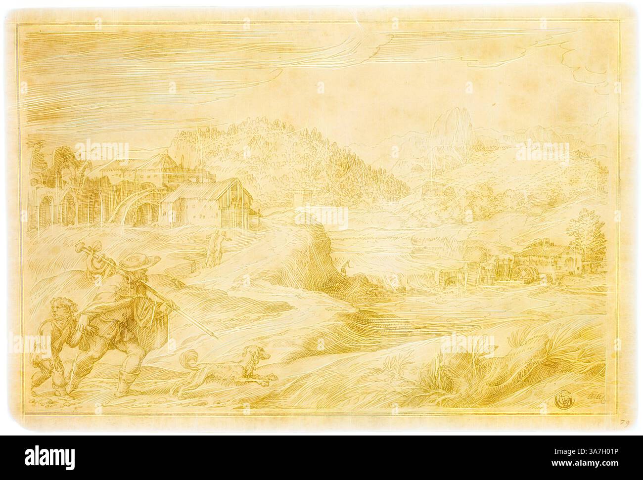 Un paysage serein met en scène un homme avec un bâton accompagné d'un chien et d'un lion, errant le long d'une rive. En arrière-plan, des bâtiments pittoresques et des collines ondulantes créent une scène rurale paisible., Art classique avec une touche moderne réinventé par Artotop, paysage de rivière avec Saint Roch et un enfant voyageant avec chien, c. 1545, Domenico Campagnola, italien, c. 1500-1564, Italie, stylo et encre brune sur papier posé tan, posé sur papier posé tan Banque D'Images