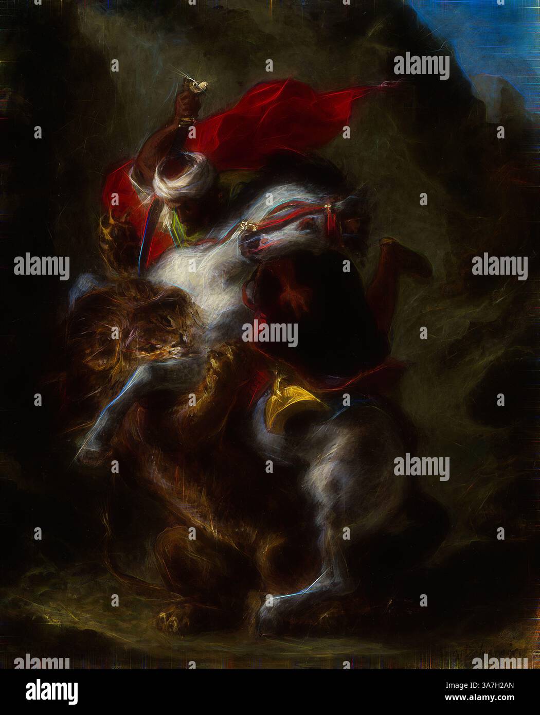 Une scène dynamique capture une figure héroïque engagée dans une lutte acharnée avec un lion, mettant en vedette les thèmes de la bravoure et du triomphe. La figure, ornée de couleurs vives, semble commander le moment avec un sentiment de puissance et de détermination, sur fond dramatique qui renforce l'intensité de la rencontre., Art classique avec une touche moderne réinventée par Artotop, cavalier arabe attaqué par un lion, 1849/50, Eugène Delacroix, Français, 1798-1863, France, huile sur panneau Banque D'Images