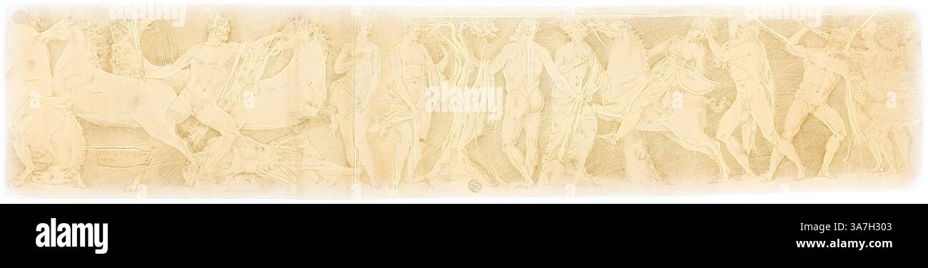 Sculpture en relief complexe représentant une scène dynamique avec des figures en mouvement, mettant en valeur des thèmes mythologiques, des formes humaines et des éléments équestres entrelacés avec la nature et les motifs classiques. La composition présente des poses à la fois sereines et dynamiques, mettant en évidence un récit plein d'énergie et de grâce., Art classique avec une touche moderne réinventé par Artotop, après l'Antique : sarcophage couvercle avec les travaux d'Hercule, s.d., probablement italien, début du 16ème siècle, Italie, stylo et encre brune sur papier pondu bronzé Banque D'Images