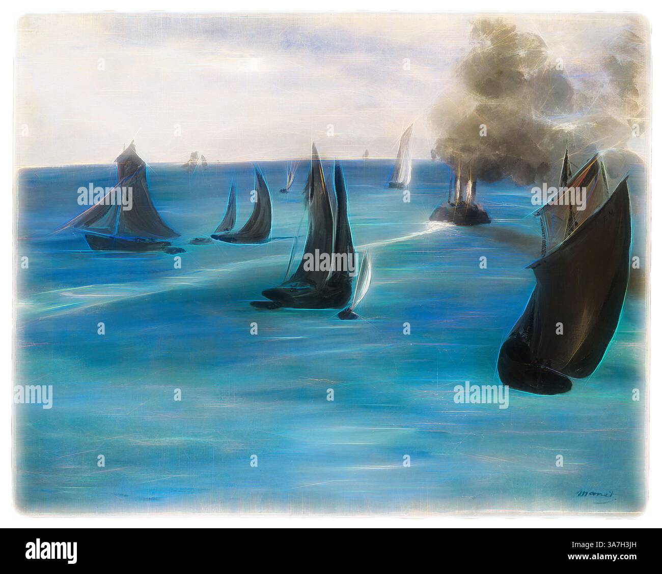 Les voiliers glissent sur une mer tranquille, leurs voiles sombres contrastant avec les eaux bleues sereines. Au loin, un panache de fumée s'élève d'une petite île, ajoutant un air de mystère à la scène paisible., Art classique avec une touche moderne réinventée par Artotop, Sea View, Calm Weather (vue de mer, calme temps), 1864, Édouard Manet, Français, 1832-1883, France, huile sur toile Banque D'Images