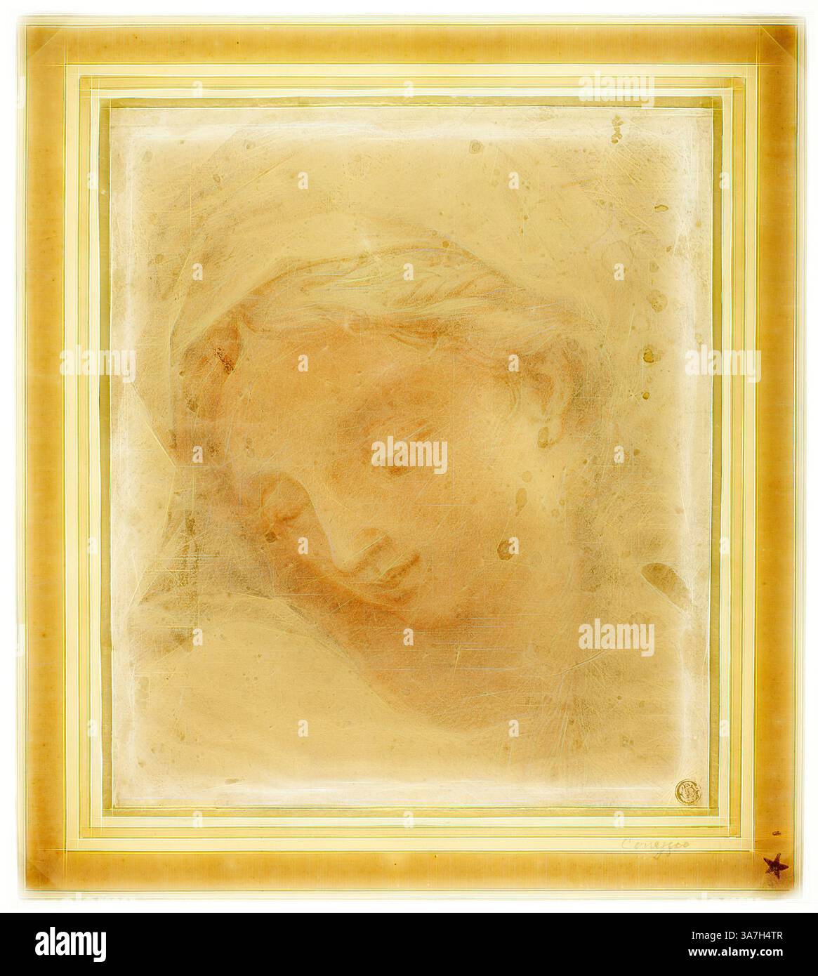 Une représentation sereine du visage d'une femme, ornée d'un délicat couvre-chef, exsudant une aura de tranquillité et de vénération. Des lignes douces et des textures douces créent une qualité onirique, mettant en évidence les émotions subtiles capturées dans l’expression., Art classique avec une touche moderne réinventé par Artotop, Woman’s Head, s.d., attribué à Giovanni Battista Vanni (italien, 1599-1660), d’après Antonio Allegri, appelé Correggio (italien, v. 1494-1534), Italie, craie rouge avec craie noire, sur papier couché crème, couché sur papier couché ivoire Banque D'Images
