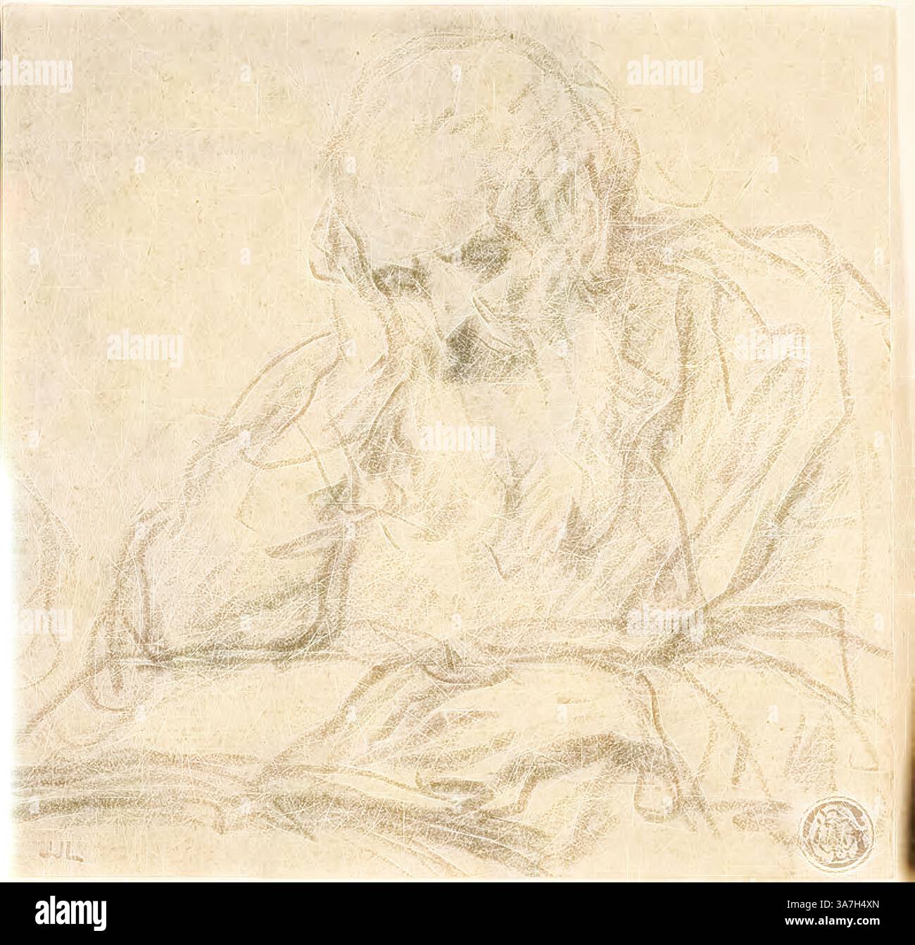Une figure contemplative avec une longue barbe, reposant soigneusement sur une main, semble profondément engagée dans la lecture d'un livre, avec une expression sereine capturant un moment d'introspection., Art classique avec une touche moderne réinventé par Artotop, Saint Reading, s.d., attribué à Baldassare Franceschini, appelé Volterrano, italien, 1611-1690, Italie, craie noire sur papier couché à la crème, couché sur papier tissé ivoire Banque D'Images