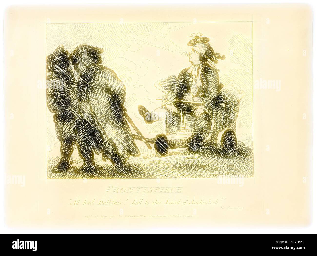Scène fantaisiste mettant en scène un enfant vêtu d'une tenue de majordome tiré dans un chariot par deux créatures ressemblant à un ours, sur fond ludique et expressif. L’enfant semble profiter d’une balade tranquille, dégageant un sens de l’aventure ludique., Art classique avec une touche moderne réinventée par Artotop, Boswell’s Tour of the Hébrides : Frontispice, 1786, Thomas Rowlandson, anglais, 1756-1827, Angleterre, gravure sur papier Banque D'Images
