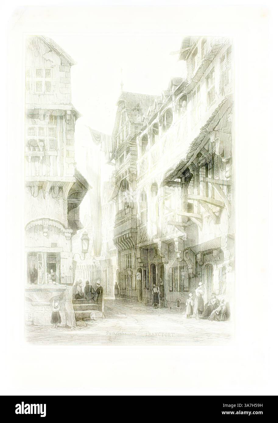 Une rue pittoresque et étroite est bordée d'une charmante architecture du vieux monde avec des poutres en bois complexes et des balcons. Les gens en vêtements d'époque se rassemblent près d'un puits, ajoutant à l'ambiance historique de la scène. La lumière du soleil filtre doucement à travers les bâtiments, projetant des ombres douces le long du chemin pavé., Art classique avec une touche moderne réinventé par Artotop, Sachsenhausen Francfort, 1833, Samuel Prout (anglais, 1783-1852), probablement imprimé par Charles Joseph Hullmandel (anglais, 1789-1850), probablement publié par Rudolph Ackermann (anglais, 1764-1834), Angleterre, lithographie en noir sur gris Banque D'Images