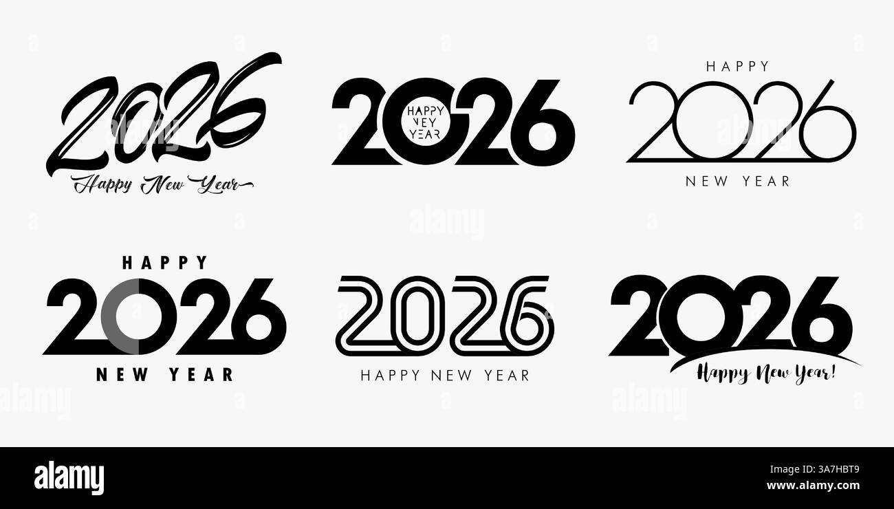 Grand ensemble de 2026 Happy New Year Black logo texte design. Bonne année 2026 icônes vectorielles pour la conception de carte de voeux ou de couverture de calendrier Illustration de Vecteur