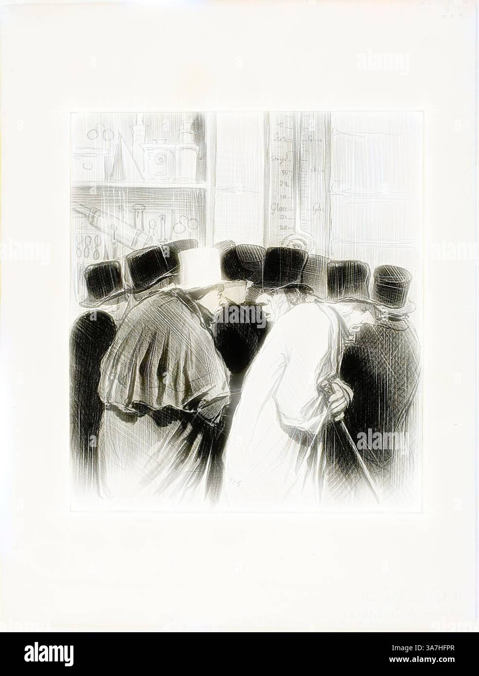 Un groupe d'individus élégamment habillés se blottit étroitement ensemble, leurs chapeaux et vêtements créant un sentiment de mystère. Ils semblent engagés dans une discussion profonde, entourés par les faibles contours des objets en arrière-plan, suggérant une atmosphère d’intrigue et de secret., Art classique avec une touche moderne réinventée par Artotop, le thermomètre de l’ingénieur Chevalier avait raison… a 10 degrés les grandes rivières ainsi que le nez ont couché un froid… Imaginez que cela pourrait prendre trois semaines pour que mon nez dégèle !…, planche 5 de Paris L’hiver, 1845, Honoré Victorin Daumier (français, 1808-1879) Banque D'Images