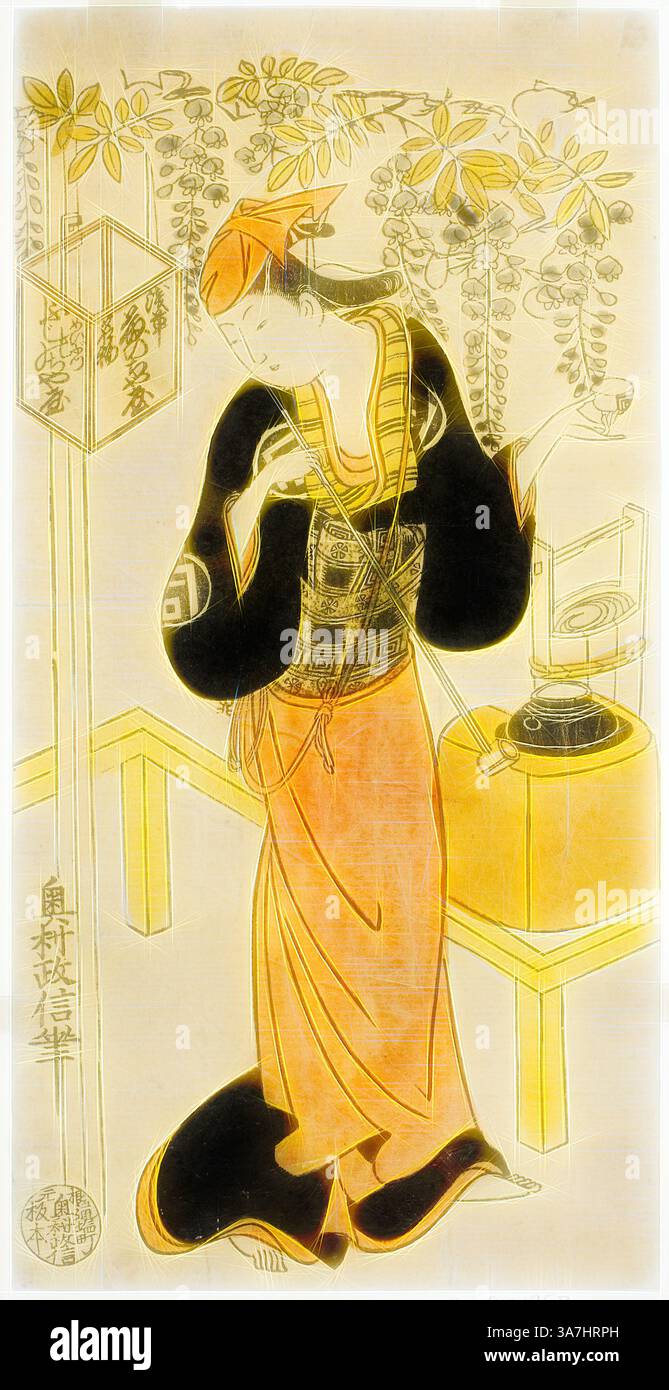 Une silhouette gracieuse vêtue d'un kimono traditionnel se dresse au milieu de délicates fleurs de wisteria, apaisée avec élégance tout en tenant un outil. Les motifs complexes et les couleurs sourdes mettent en évidence une scène sereine, évoquant un sentiment de tranquillité et de beauté culturelle., Art classique avec une touche moderne réinventé par Artotop, l'acteur Sanogawa Mangiku I dans le rôle d'Ohatsu dans la pièce Sogazaki Shinju, jouée au théâtre Nakamura dans le quatrième mois, 1719, 1719, Okumura Masanobu, japonais, 1686-1764, Japon, imprimé sur bois coloré à la main, hosoban, urushi-e. Banque D'Images