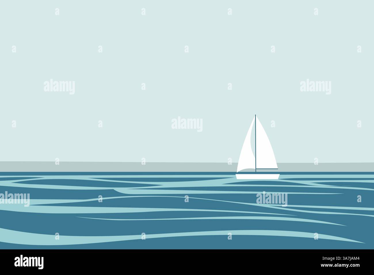 Un design plat minimaliste d'un seul voilier sur l'océan. La composition sereine et les lignes simples évoquent un sentiment de tranquillité et d'aventure, perfec Illustration de Vecteur