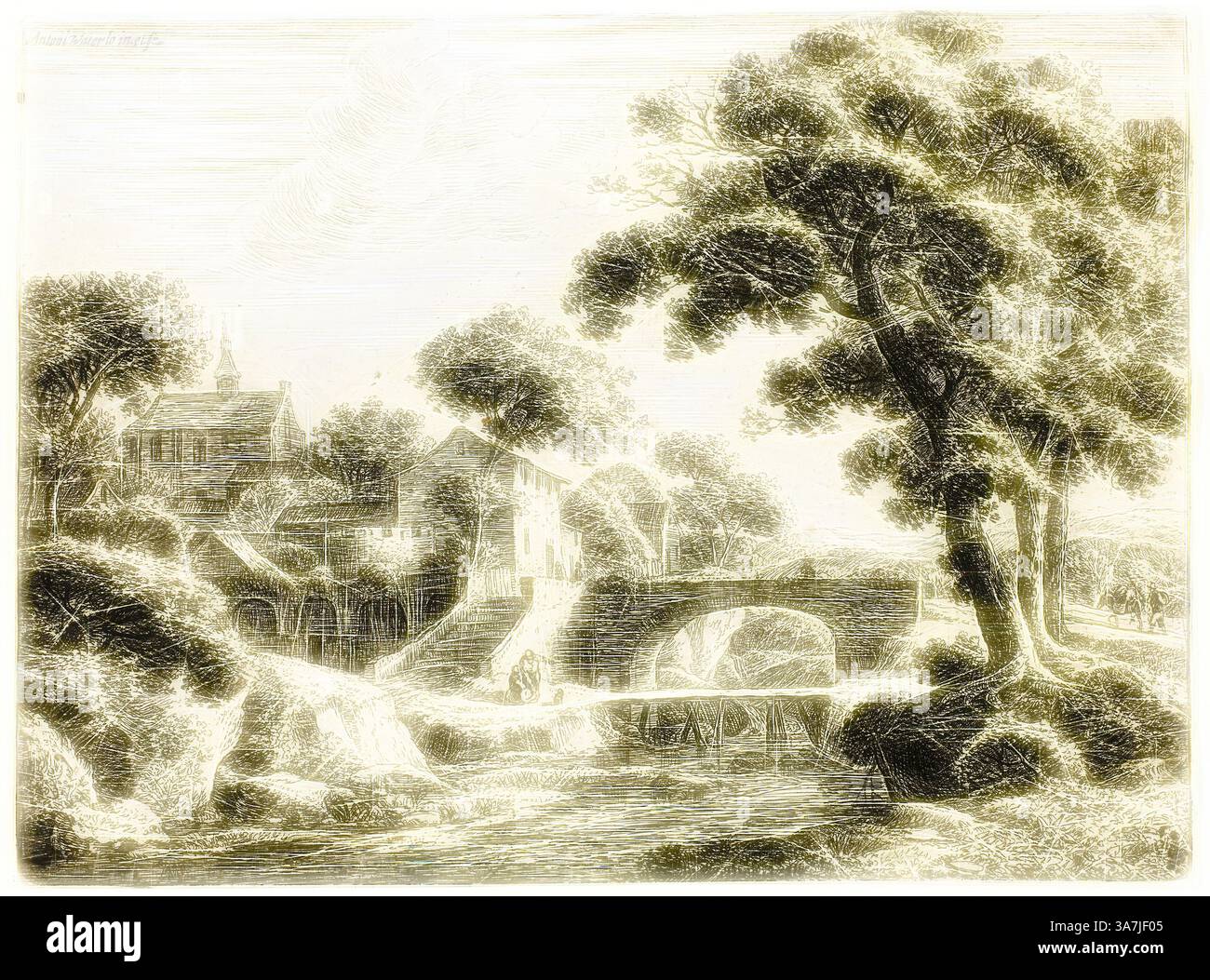 Un paysage serein dispose d'un charmant village avec des bâtiments pittoresques nichés parmi des arbres luxuriants. Un pont voûté gracieux enjambe un ruisseau doux, tandis que la lumière douce filtre à travers le feuillage, créant une atmosphère tranquille., Art classique avec une touche moderne réinventé par Artotop, les deux ponts, 1650/60, Antoni Waterlo, Dutch, 1609-1690, Hollande, gravure sur papier Banque D'Images