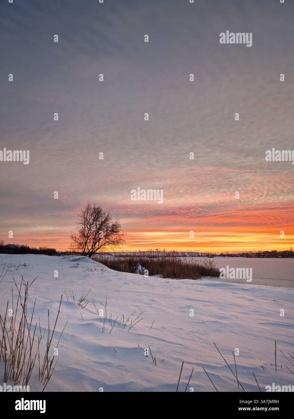 Paysage d'hiver avec coucher de soleil sur le lac gelé - Image de stock capturée avec un smartphone