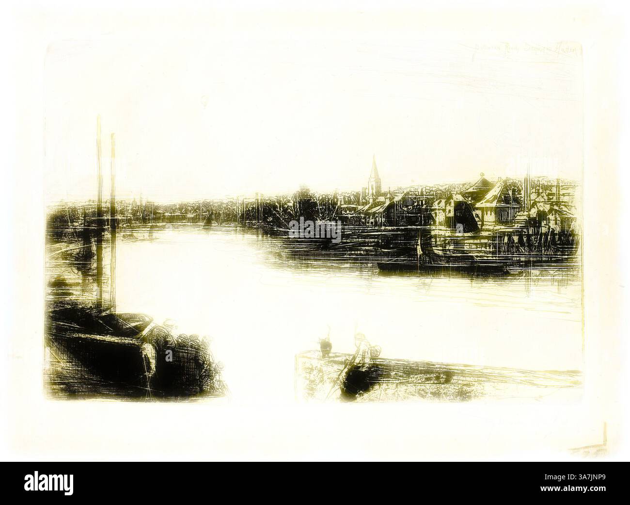 Une scène sereine au bord de la rivière avec une ville pittoresque le long du bord de l'eau, avec des bateaux partiellement silhouettes au premier plan et des bâtiments doucement détaillés bordant le rivage lointain. L'atmosphère respire un sentiment de tranquillité et d'intemporalité., Art classique avec une touche moderne réinventé par Artotop, Battersea Reach, 1863, Francis Seymour Haden, English, 1818-1910, Angleterre, gravure à la pointe sèche sur papier japonais crème Banque D'Images