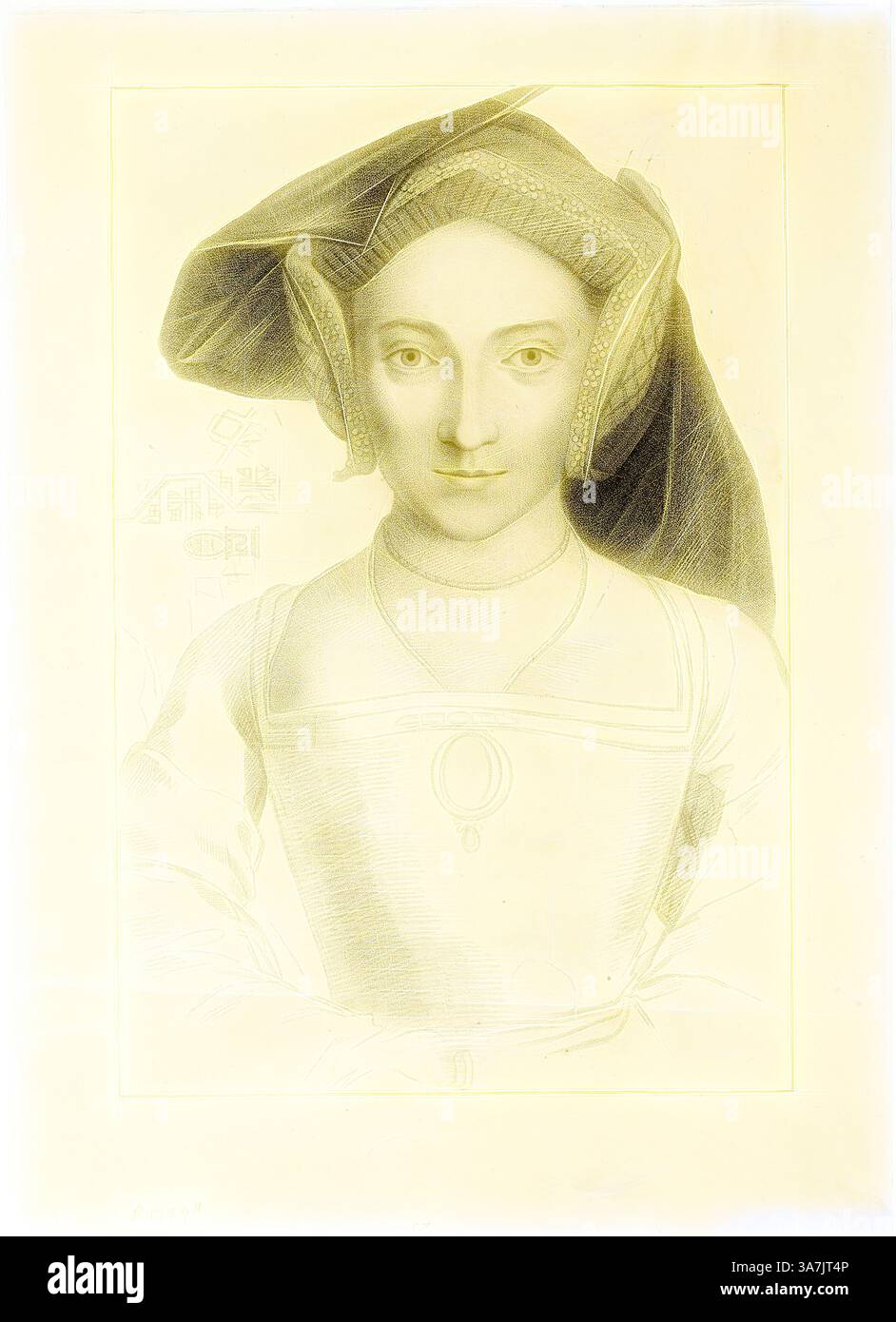 Portrait d'une femme d'une période historique, avec des détails vestimentaires complexes et une expression sereine. Elle est ornée d'une coiffe, et la composition globale souligne son élégance et son équilibre., Art classique avec une touche moderne réinventé par Artotop, Lady Ratcliffe, 1er mars 1793, Francesco Bartolozzi (italien, 1727-1815), d'après Hans Holbein le jeune (allemand, 1497-1543), Italie, gravure Stipple sur papier posé ivoire Banque D'Images