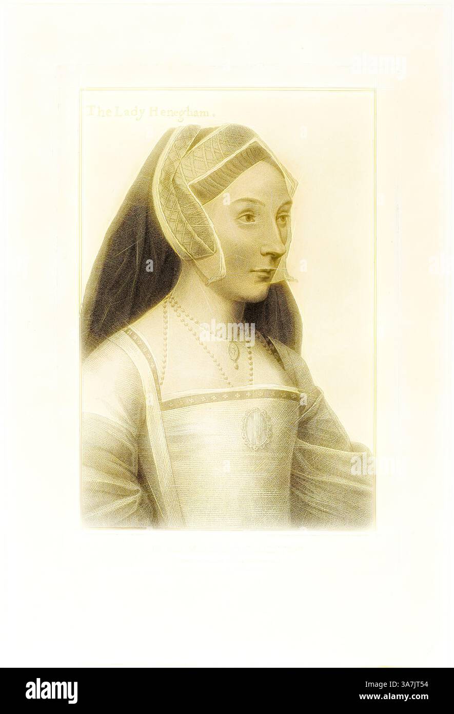 Portrait d'une femme en tenue historique, avec une expression douce et ornée d'une coiffe. Elle porte des bijoux complexes et une robe qui suggère l'élégance et la grâce, sur un fond subtil., Art classique avec une touche moderne réinventé par Artotop, The Lady Henegham, 1er janvier 1796, Francesco Bartolozzi (italien, 1727-1815), d'après Hans Holbein le jeune (allemand, 1497-1543), Italie, gravure Stipple sur papier tissé ivoire Banque D'Images