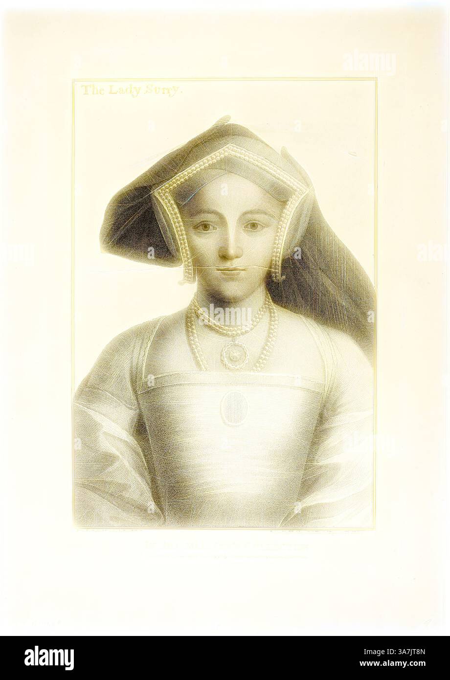 Une femme vêtue d'une tenue historique, avec une expression douce. Elle porte un casque distinctif et un collier, dégageant un air d'élégance qui rappelle une époque révolue. L'arrière-plan comprend un texte qui l'identifie comme 'The Lady Blendy., art classique avec une touche moderne réinventé par Artotop, The Lady Surrey, 11 juin 1796, Francesco Bartolozzi (italien, 1727-1815), d'après Hans Holbein le jeune (allemand, 1497-1543), Italie, gravure Stipple sur papier tissé ivoire Banque D'Images