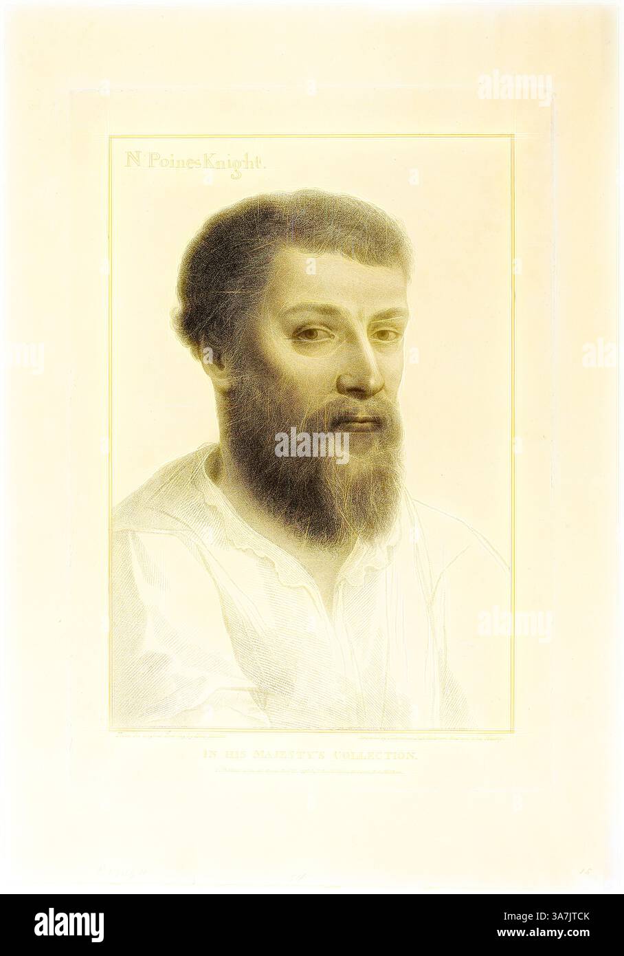 Un portrait détaillé d'un homme avec une barbe, mettant en valeur son expression réfléchie et ses traits distincts. Le style met l'accent sur les lignes douces et l'ombrage, soulignant les contours de son visage. Le nom 'N. points Knight' est inscrit au-dessus de l'image avec la phrase 'In His Majestic Collection., Art classique avec une touche moderne repensée par Artotop, Sir Nicholas Poines, 22 novembre 1796, Francesco Bartolozzi (italien, 1727-1815), d'après Hans Holbein le jeune (allemand, 1497-1543), Italie, gravure Stipple sur papier tissé crème Banque D'Images