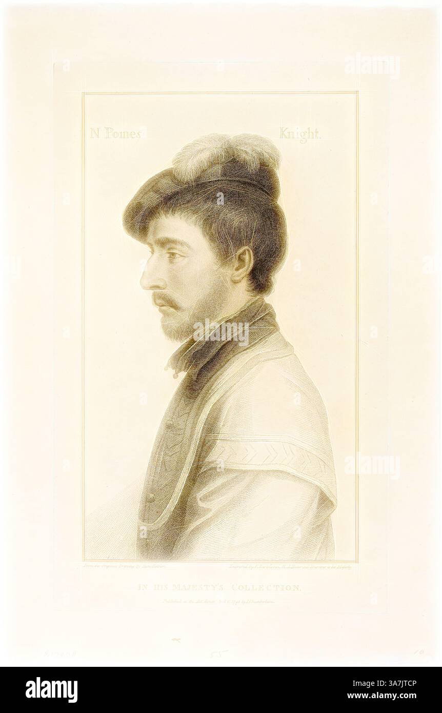 Portrait de profil d'un jeune homme portant un chapeau et des vêtements traditionnels, avec une expression ciblée. La tenue vestimentaire suggère une signification historique ou culturelle, reflétant le style d'une période spécifique. L'arrière-plan et la composition générale mettent l'accent sur les caractéristiques et la tenue du sujet., Art classique avec une touche moderne réinventé par Artotop, Sir Nicholas Poines, 6 avril 1795, Francesco Bartolozzi (italien, 1727-1815), d'après Hans Holbein le jeune (allemand, 1497-1543), Italie, gravure Stipple sur papier tissé buff Banque D'Images