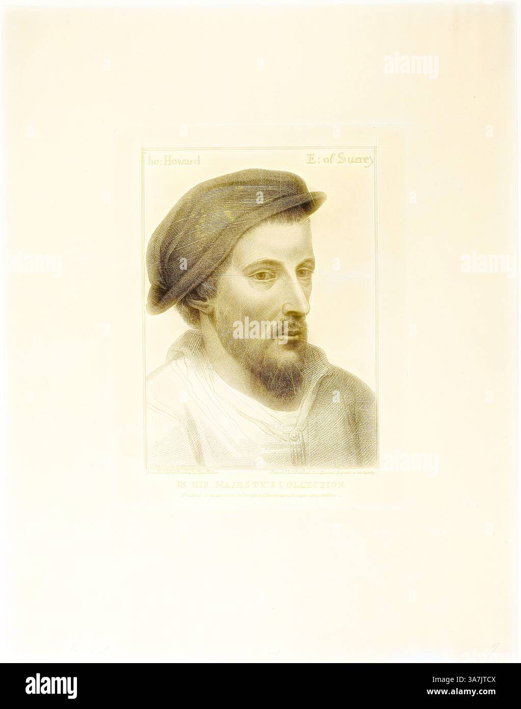Portrait détaillé d'un homme portant un béret, présentant une expression réfléchie et habillé dans un style historique. L'image est encadrée avec des détails manuscrits, indiquant son identité en tant que Howard, comte de Surrey., art classique avec une touche moderne réinventé par Artotop, Thomas Howard, comte de Surrey, 16 décembre 1796, Francesco Bartolozzi (italien, 1727-1815), d'après Hans Holbein le jeune (allemand, 1497-1543), Italie, gravure Stipple sur papier tissé crème Banque D'Images