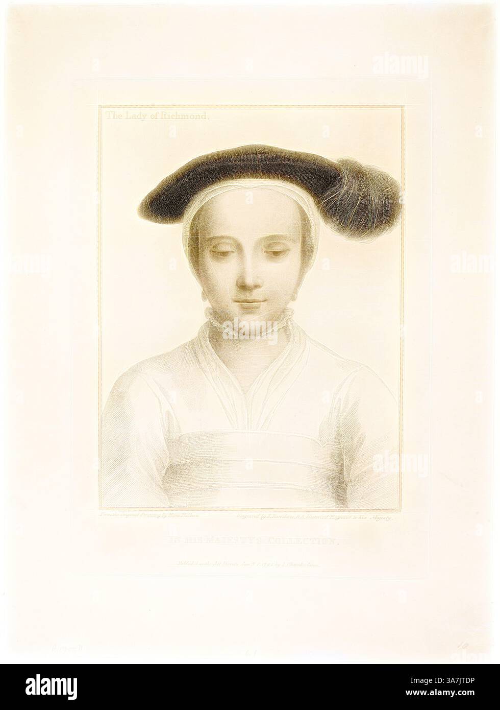 Portrait serein d'une jeune femme vêtue d'une tenue traditionnelle, avec un casque distinctif et une expression de calme. Les détails doux accentuent ses traits délicats, créant un sentiment de grâce et d'équilibre., Art classique avec une touche moderne réinventé par Artotop, la Dame de Richmond, 1er janvier 1795, Francesco Bartolozzi (italien, 1727-1815), D'après Hans Holbein le jeune (allemand, 1497-1543), Italie, Stipple gravure sur papier tissé buff Banque D'Images