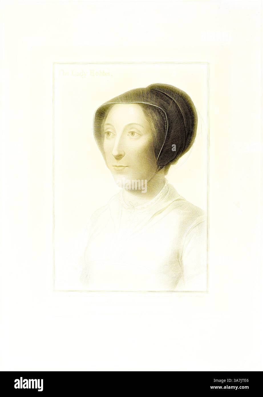 Portrait d'une femme à l'expression sereine, présentant une coiffure délicate et portant une tenue modeste et historique. L’œuvre met en valeur ses traits doux et la douceur de son regard, évoquant un sentiment de grâce et de dignité. L'inscription au-dessus de sa tête lit 'The Lady Holker., art classique avec une touche moderne réinventé par Artotop, Lady Hobby, 1er mars 1793, Francesco Bartolozzi (italien, 1727-1815), d'après Hans Holbein le jeune (allemand, 1497-1543), Italie, gravure Stipple sur papier tissé ivoire Banque D'Images