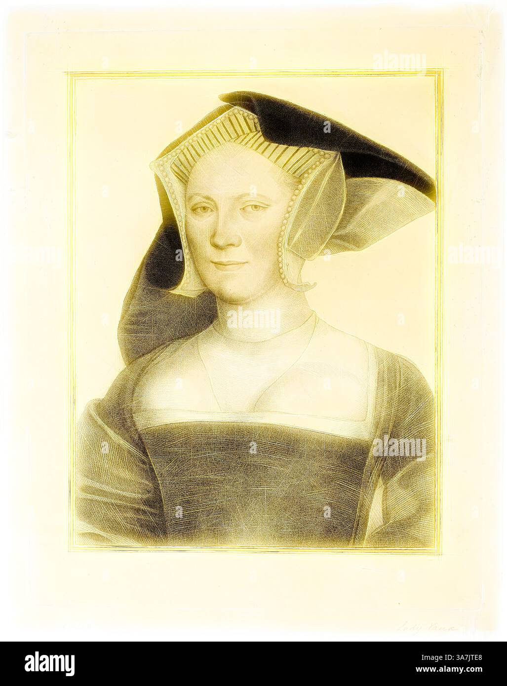 Une femme en tenue historique regarde avec confiance le spectateur, orné d'une coiffe distinctive et d'un décolleté modeste. Son expression est sereine, avec des traits doux et délicats accentués par des détails soignés. Le fond est subtil, mettant en valeur sa présence élégante., Art classique avec une touche moderne réinventé par Artotop, Lady Vaux, 25 mars 1793, Francesco Bartolozzi (Italien, 1727-1815), d'après Hans Holbein le jeune (allemand, 1497-1543), Italie, Stipple gravure sur papier couché buff Banque D'Images